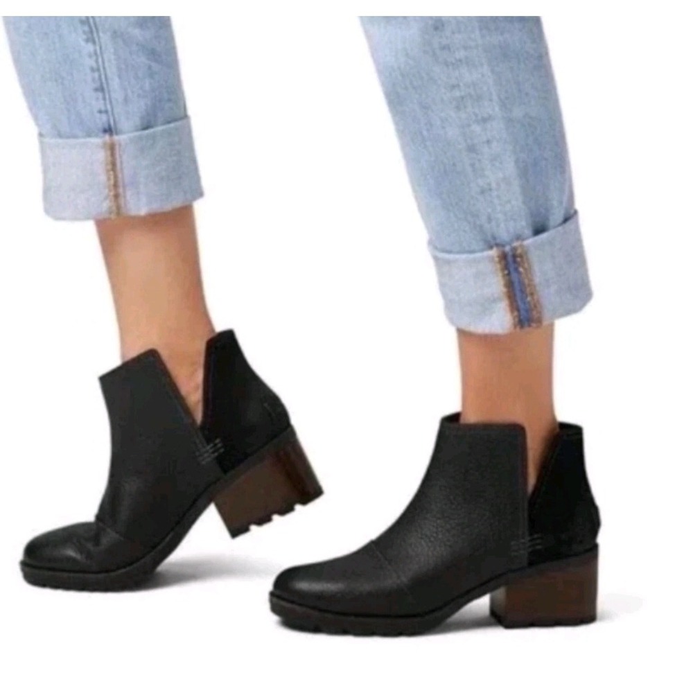 Sorel Cate Cut-Out Black Leather Suede Ankle Boots NL3383-010 Womens 9.5